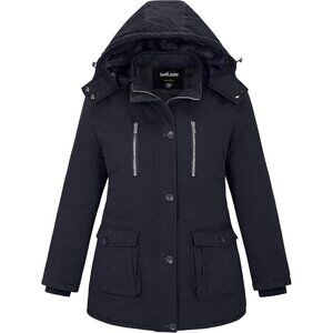 Women's Detachable Navy Hood Jacket Coat Fleece Lined Button Closure Designed